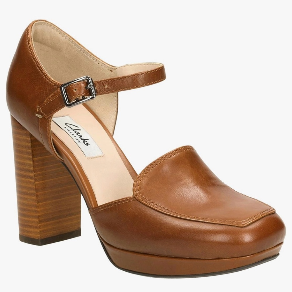 NWOB Clarks Tan Leather Block Heel Shoes Gabriel Dawn Size 6